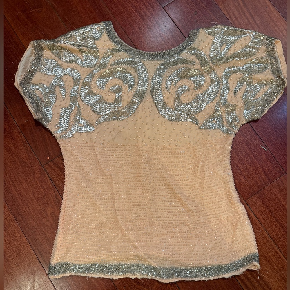 Oleg Cassini vintage Silver and rose/cream beaded silk Blouse